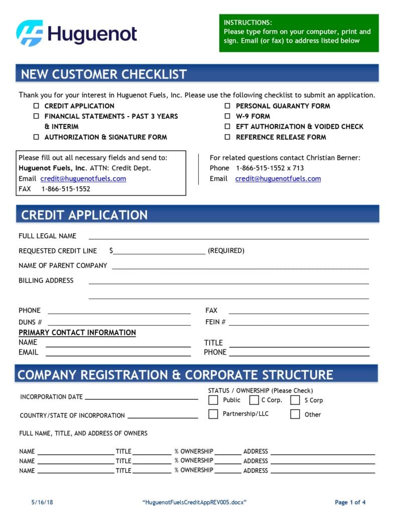 Huguenot Fuels Credit Application Preview